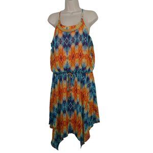 City Triangles Orange Blue Sleeveless Asymmetric Dress Women Size XL Necklace